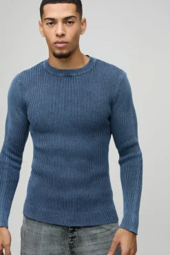 Muscle Fit Ribbed Acid Wash Ribbed Knitted Jumper