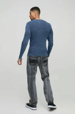 Muscle Fit Ribbed Acid Wash Ribbed Knitted Jumper