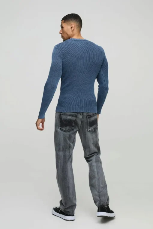 Muscle Fit Ribbed Acid Wash Ribbed Knitted Jumper