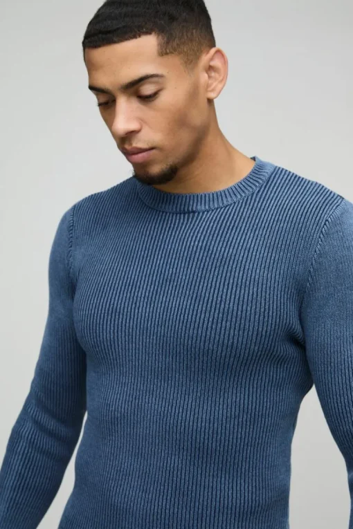 Muscle Fit Ribbed Acid Wash Ribbed Knitted Jumper