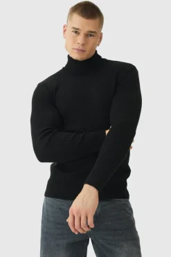 Muscle Fit Ribbed Knit Roll Neck Jumper In Black