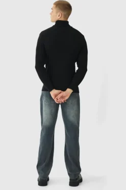 Muscle Fit Ribbed Knit Roll Neck Jumper In Black