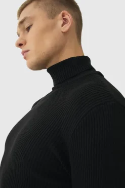 Muscle Fit Ribbed Knit Roll Neck Jumper In Black