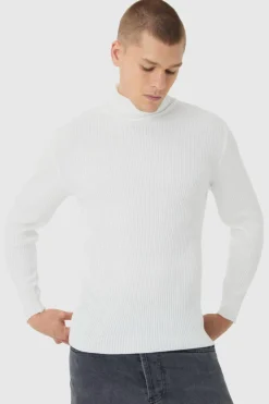 Muscle Fit Ribbed Knit Roll Neck Jumper In White