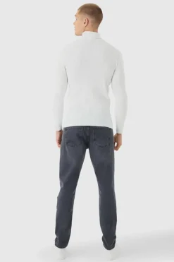 Muscle Fit Ribbed Knit Roll Neck Jumper In White