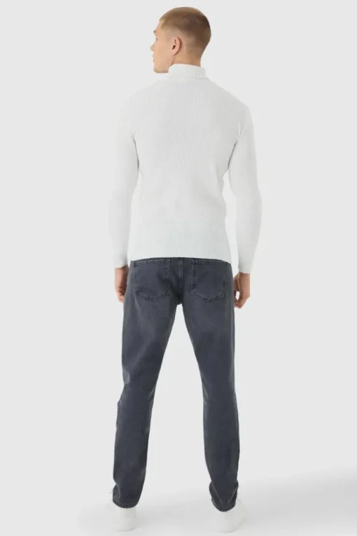 Muscle Fit Ribbed Knit Roll Neck Jumper In White
