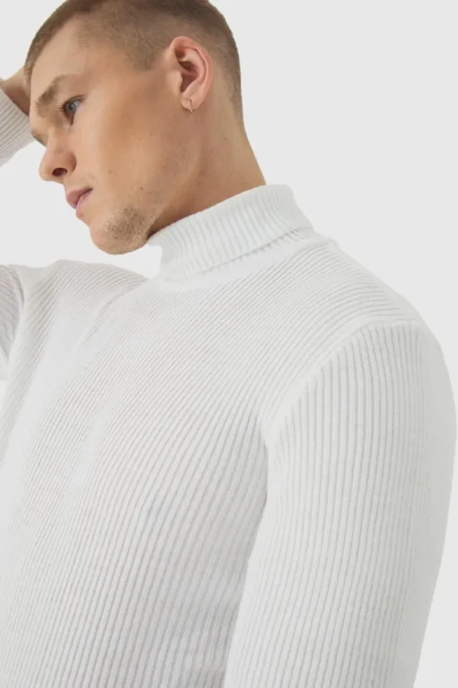 Muscle Fit Ribbed Knit Roll Neck Jumper In White