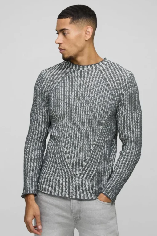 Muscle Fit Two Tone Raglan Ribbed Knit Jumper