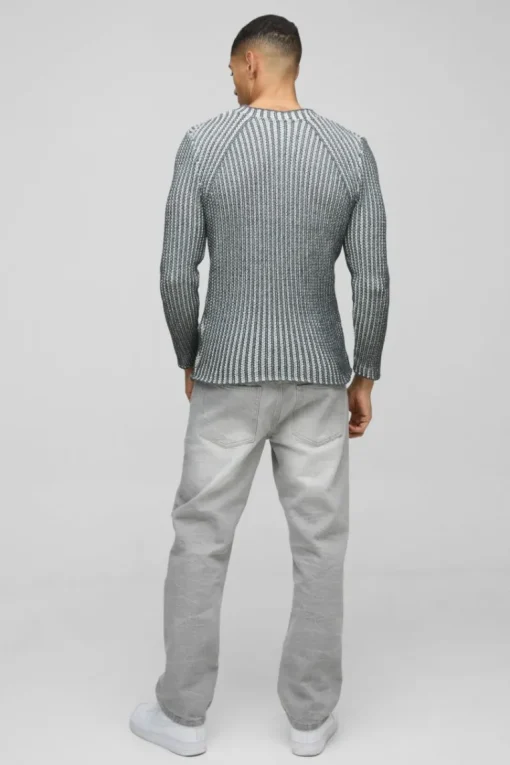 Muscle Fit Two Tone Raglan Ribbed Knit Jumper