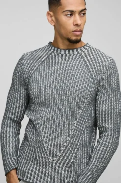 Muscle Fit Two Tone Raglan Ribbed Knit Jumper