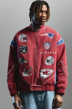 Nfl Oversized Moto Pu Jacket With Applique Badges