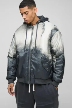 Oversized Abstract Print Hooded Bomber Jacket In Charcoal