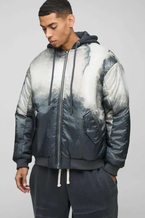 Oversized Abstract Print Hooded Bomber Jacket In Charcoal