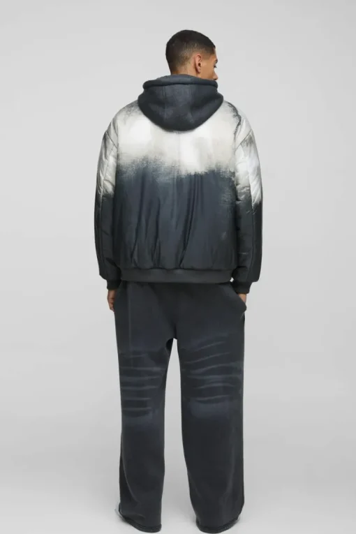 Oversized Abstract Print Hooded Bomber Jacket In Charcoal