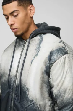 Oversized Abstract Print Hooded Bomber Jacket In Charcoal