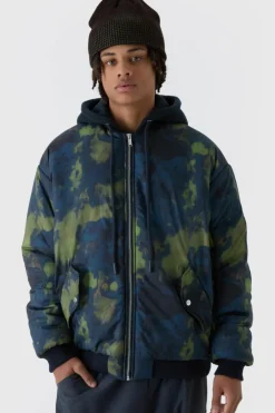 Oversized Abstract Print Hooded Bomber Jacket In Navy
