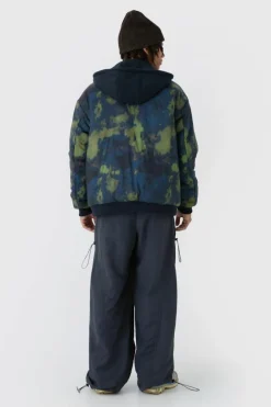 Oversized Abstract Print Hooded Bomber Jacket In Navy