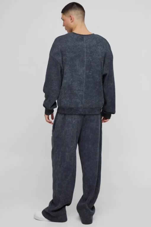 Oversized Acid Wash Heavy Waffle Hooded Tracksuit With Woven Tab