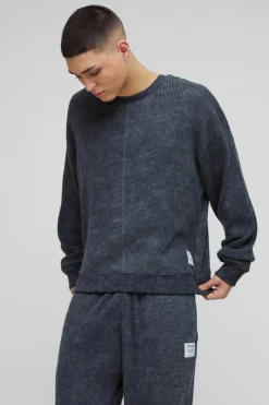 Oversized Acid Wash Heavy Waffle Hooded Tracksuit With Woven Tab