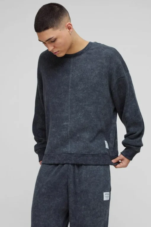Oversized Acid Wash Heavy Waffle Hooded Tracksuit With Woven Tab
