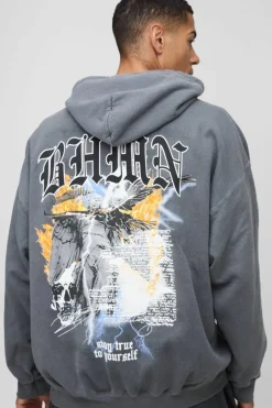 Oversized BHMN Gothic Bird Large Graphic Washed Hoodie
