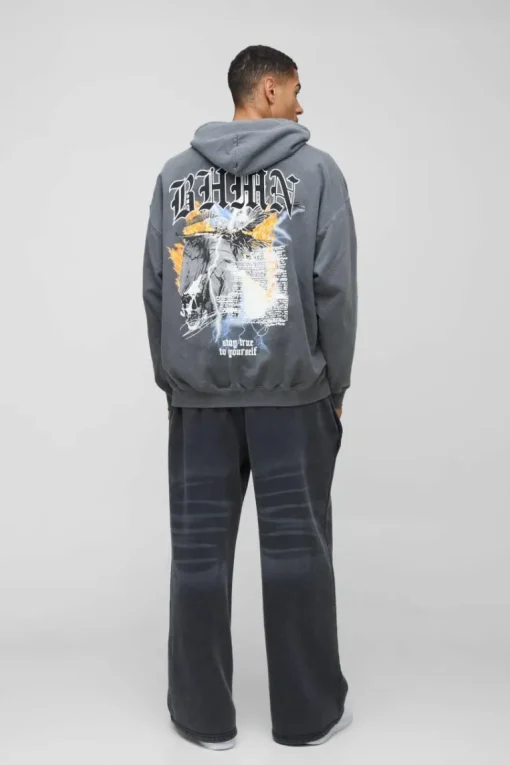 Oversized BHMN Gothic Bird Large Graphic Washed Hoodie