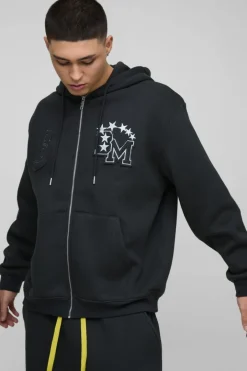 Oversized BM Varsity Applique Zip Through Hoodie