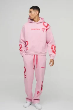 Oversized Boxy All Over Heart Printed Hooded Tracksuit