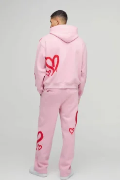 Oversized Boxy All Over Heart Printed Hooded Tracksuit