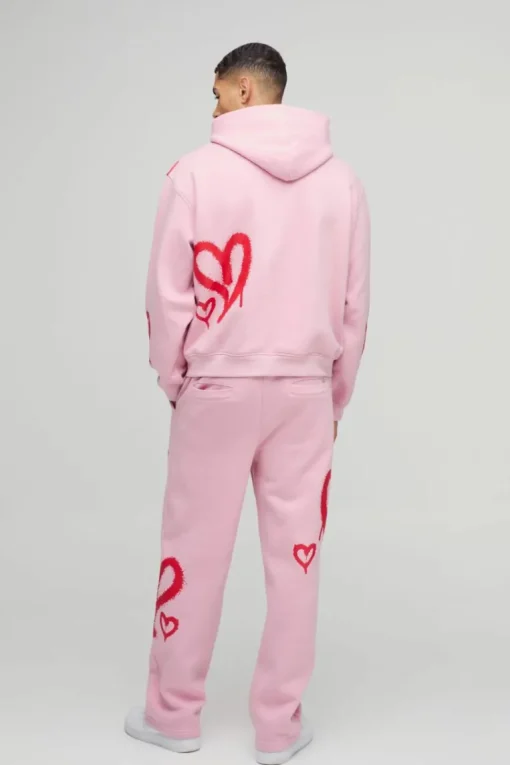 Oversized Boxy All Over Heart Printed Hooded Tracksuit