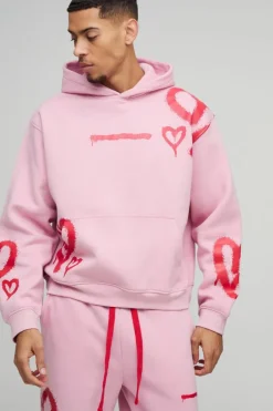 Oversized Boxy All Over Heart Printed Hooded Tracksuit