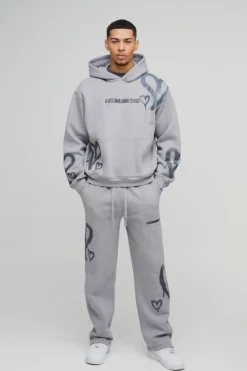 Oversized Boxy All Over Heart Printed Hooded Tracksuit