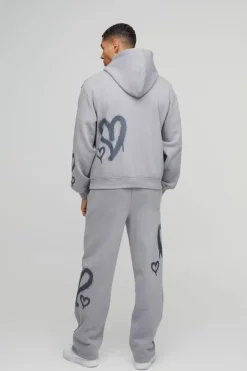 Oversized Boxy All Over Heart Printed Hooded Tracksuit