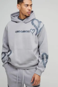 Oversized Boxy All Over Heart Printed Hooded Tracksuit