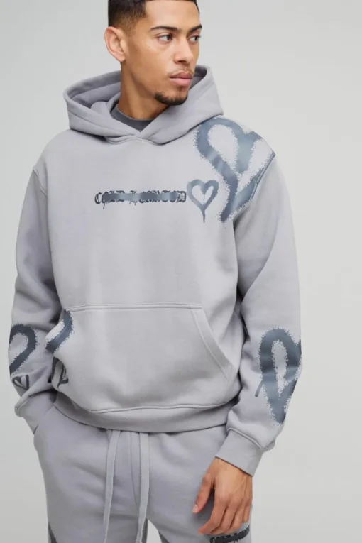 Oversized Boxy All Over Heart Printed Hooded Tracksuit
