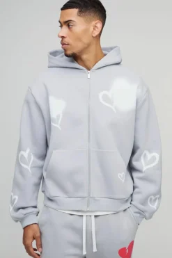 Oversized Boxy All Over Heart Printed Zip Through Hoodie