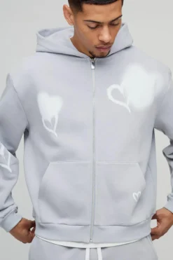 Oversized Boxy All Over Heart Printed Zip Through Hoodie