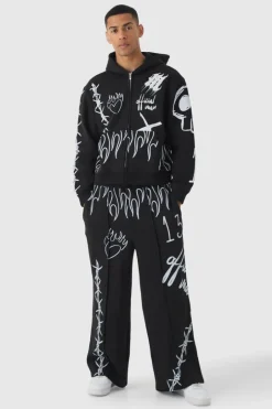 Oversized Boxy All Over Print Graffiti Zip Through Tracksuit