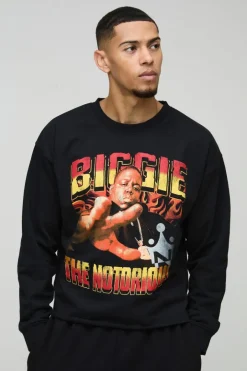 Oversized Boxy Biggie Raw Hem License Print Sweatshirt
