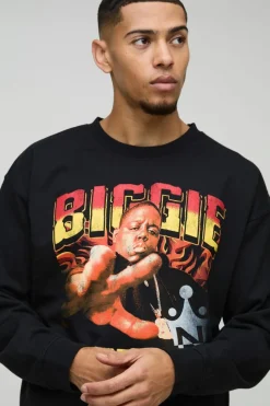 Oversized Boxy Biggie Raw Hem License Print Sweatshirt