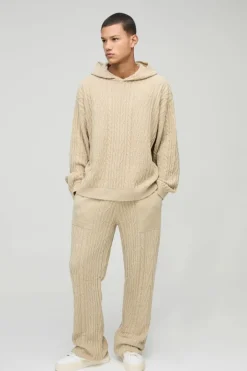 Oversized Boxy Boucle Mixed Cable Knitted Hooded Tracksuit