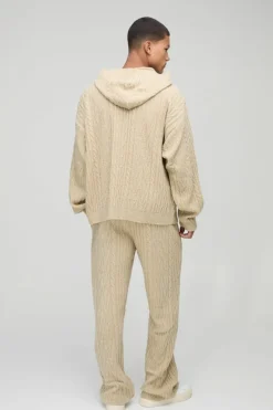 Oversized Boxy Boucle Mixed Cable Knitted Hooded Tracksuit