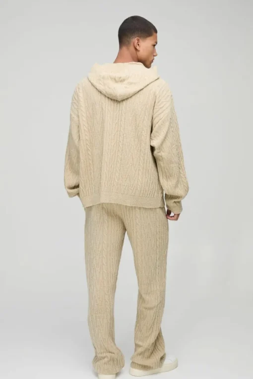 Oversized Boxy Boucle Mixed Cable Knitted Hooded Tracksuit
