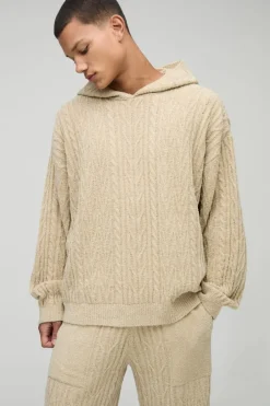 Oversized Boxy Boucle Mixed Cable Knitted Hooded Tracksuit