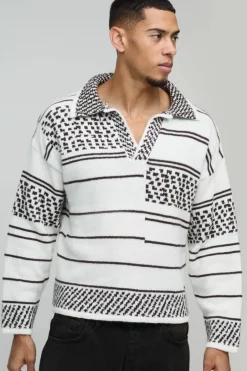 Oversized Boxy Brushed Patterned Knitted Polo Jumper
