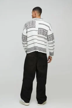 Oversized Boxy Brushed Patterned Knitted Polo Jumper