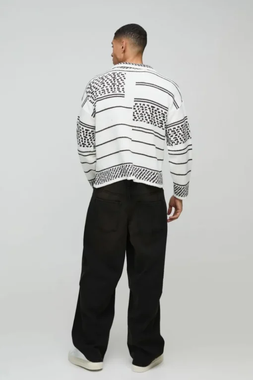 Oversized Boxy Brushed Patterned Knitted Polo Jumper