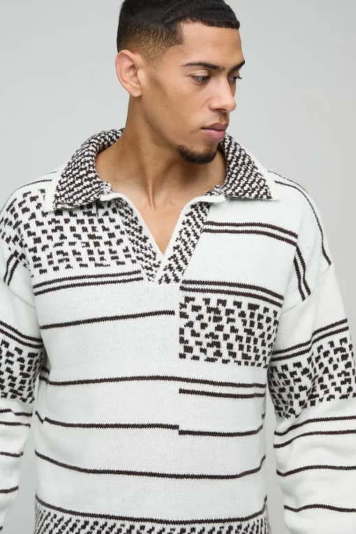 Oversized Boxy Brushed Patterned Knitted Polo Jumper