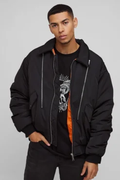 Oversized Boxy Collared Bomber Jacket In Black