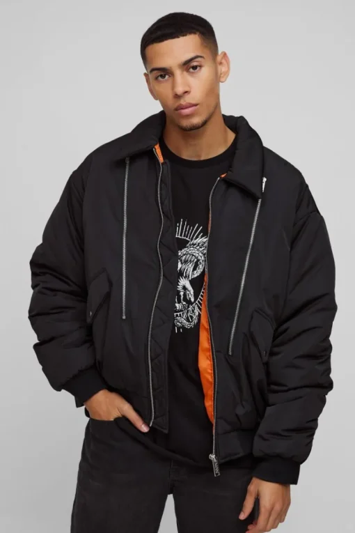 Oversized Boxy Collared Bomber Jacket In Black